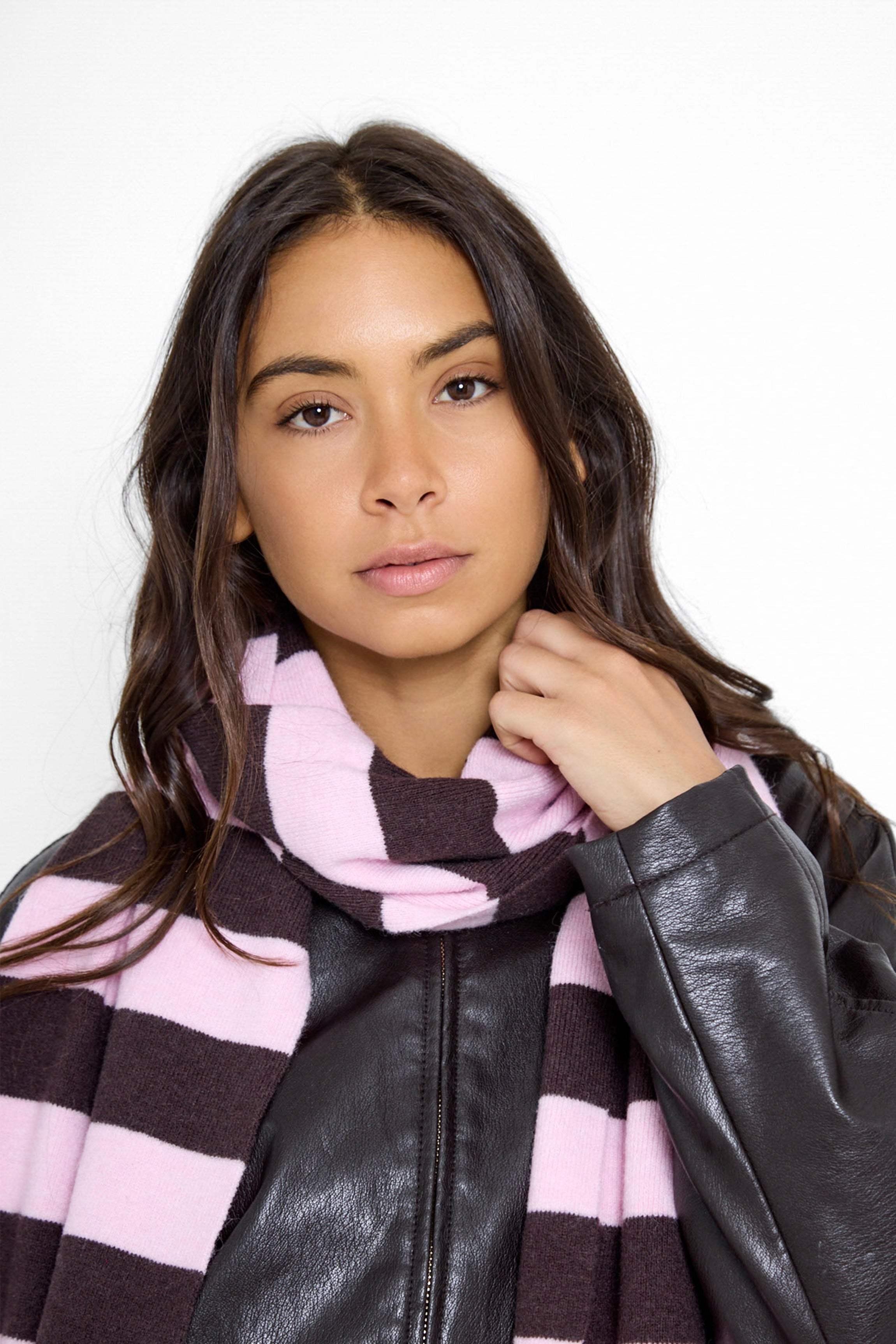 Knitted Stripe Scarf in Pink and Brown - Scarves - My Accessories London
