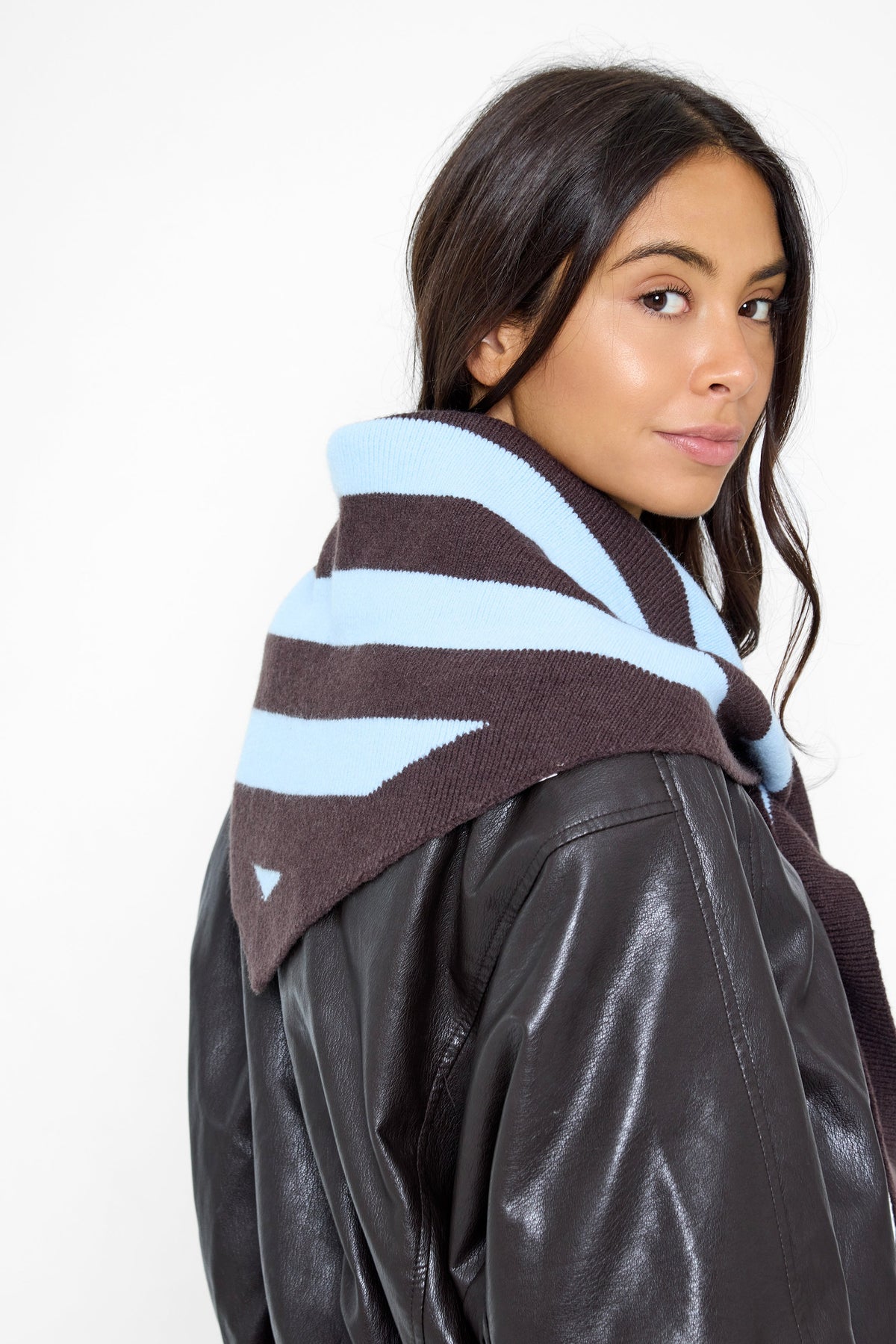 Knitted Stripe Triangle Scarf in Brown and Blue - Triangle Scarf - My Accessories London