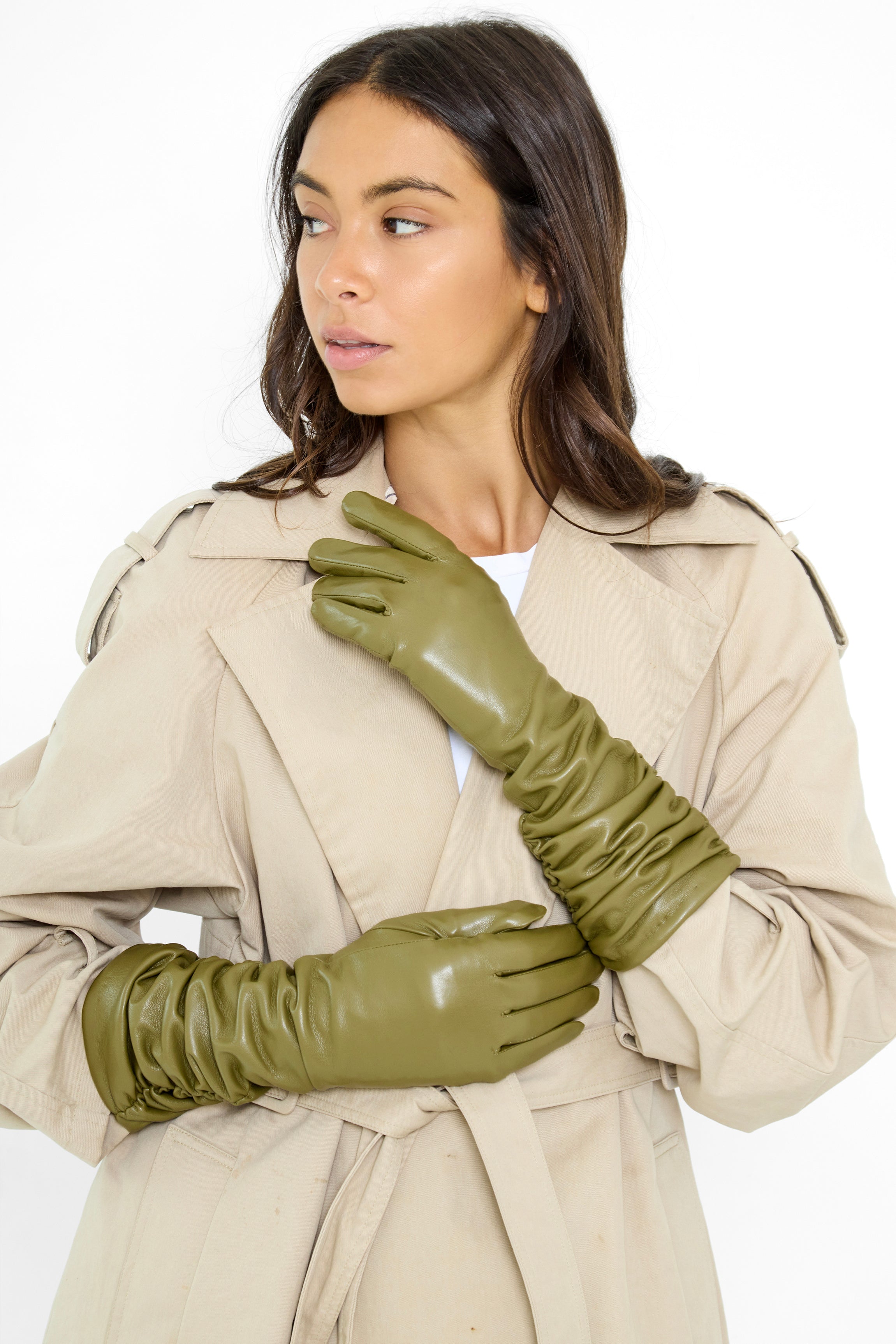 Long Ruched Leather Look Gloves in Olive Green - Gloves - My Accessories London