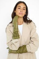 Long Ruched Leather Look Gloves in Olive Green - Gloves - My Accessories London