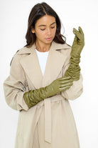 Long Ruched Leather Look Gloves in Olive Green - Gloves - My Accessories London