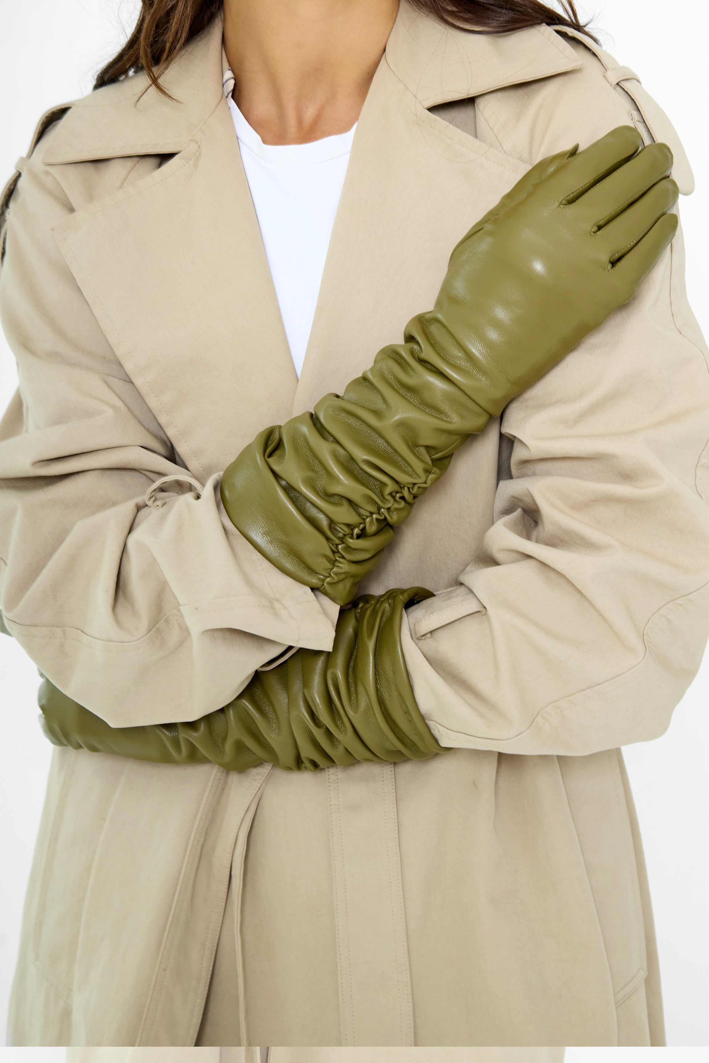 Long Ruched Leather Look Gloves in Olive Green - Gloves - My Accessories London