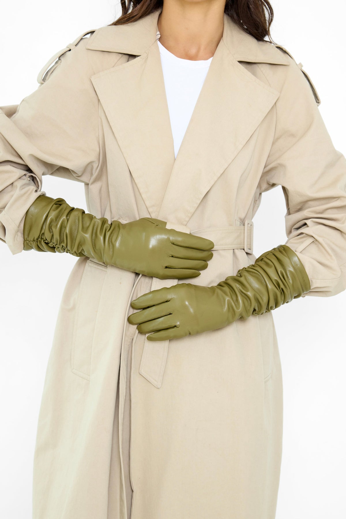 Long Ruched Leather Look Gloves in Olive Green - Gloves - My Accessories London