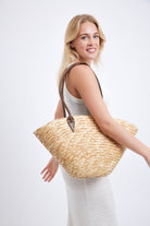 Oversized Fan Shape Straw Bag with Faux Leather Brown Handles - Tote Bag - My Accessories London