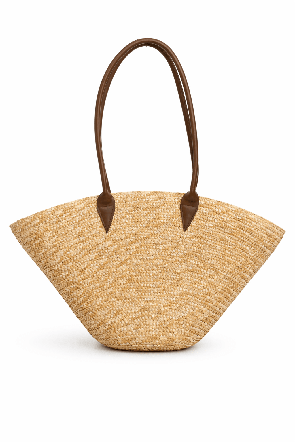 Oversized Fan Shape Straw Bag with Faux Leather Brown Handles - Tote Bag - My Accessories London