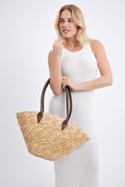 Oversized Fan Shape Straw Bag with Faux Leather Brown Handles - Tote Bag - My Accessories London