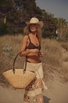 Oversized Fan Shape Straw Bag with Faux Leather Brown Handles - Tote Bag - My Accessories London