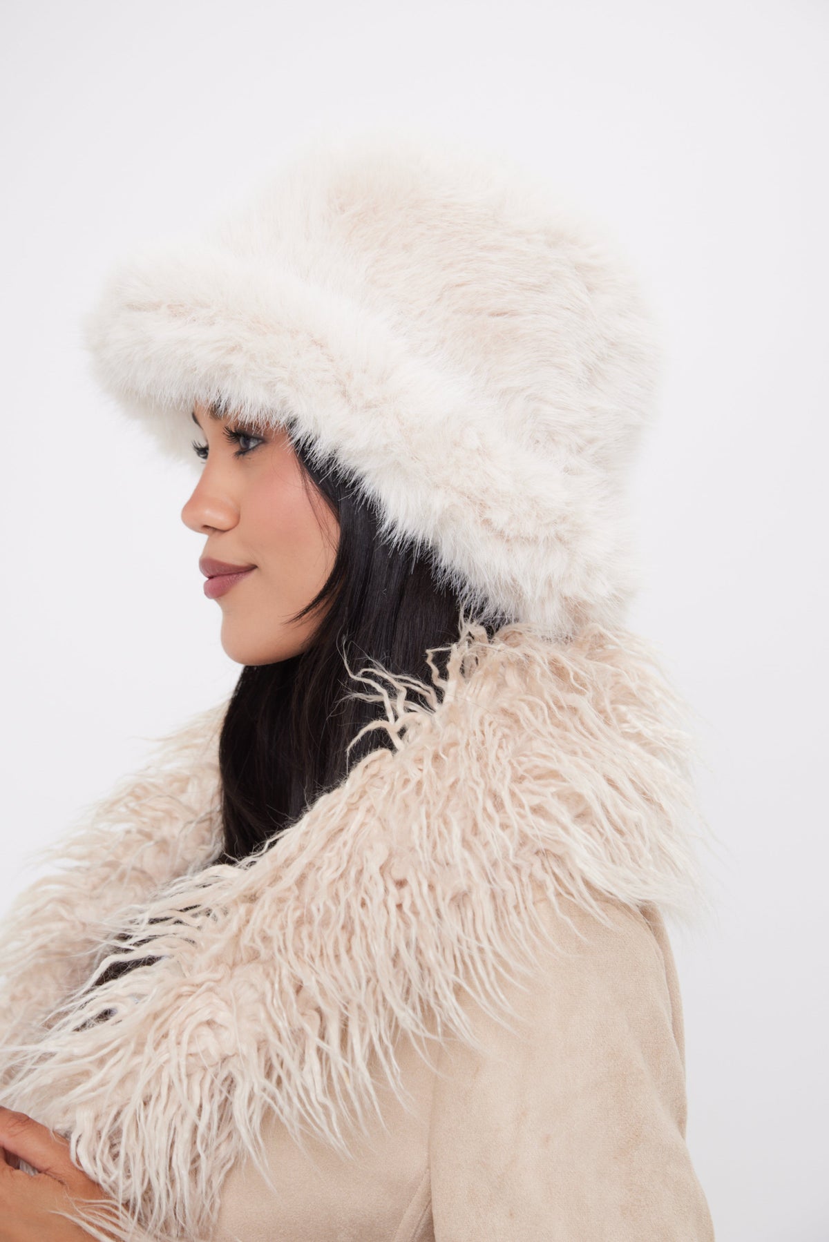 Oversized Fluffy Fur Bucket Hat in Cream - Bucket Hat - My Accessories London