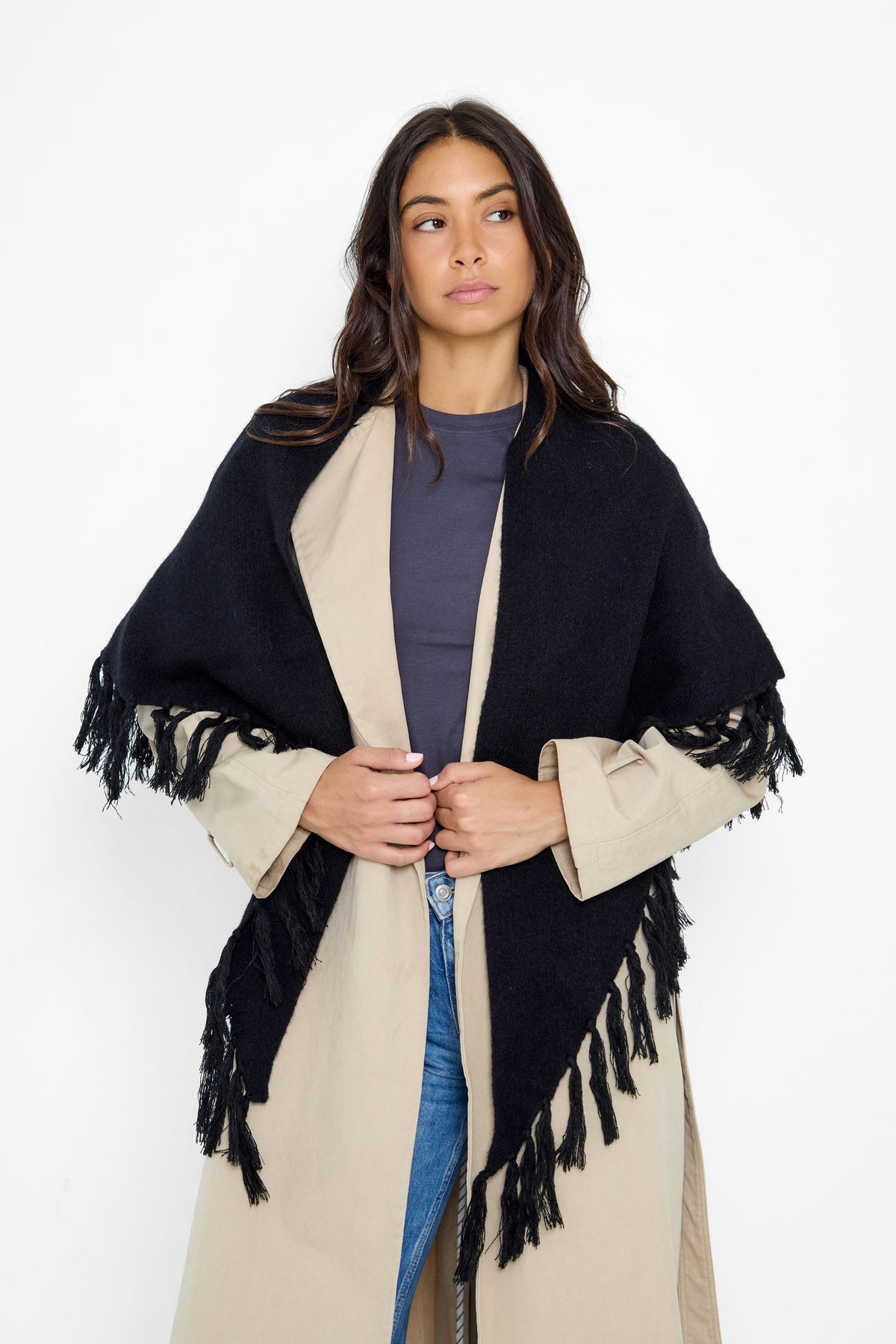 Oversized Fringed Knitted Triangle Scarf in Black - Triangle Scarf - My Accessories London