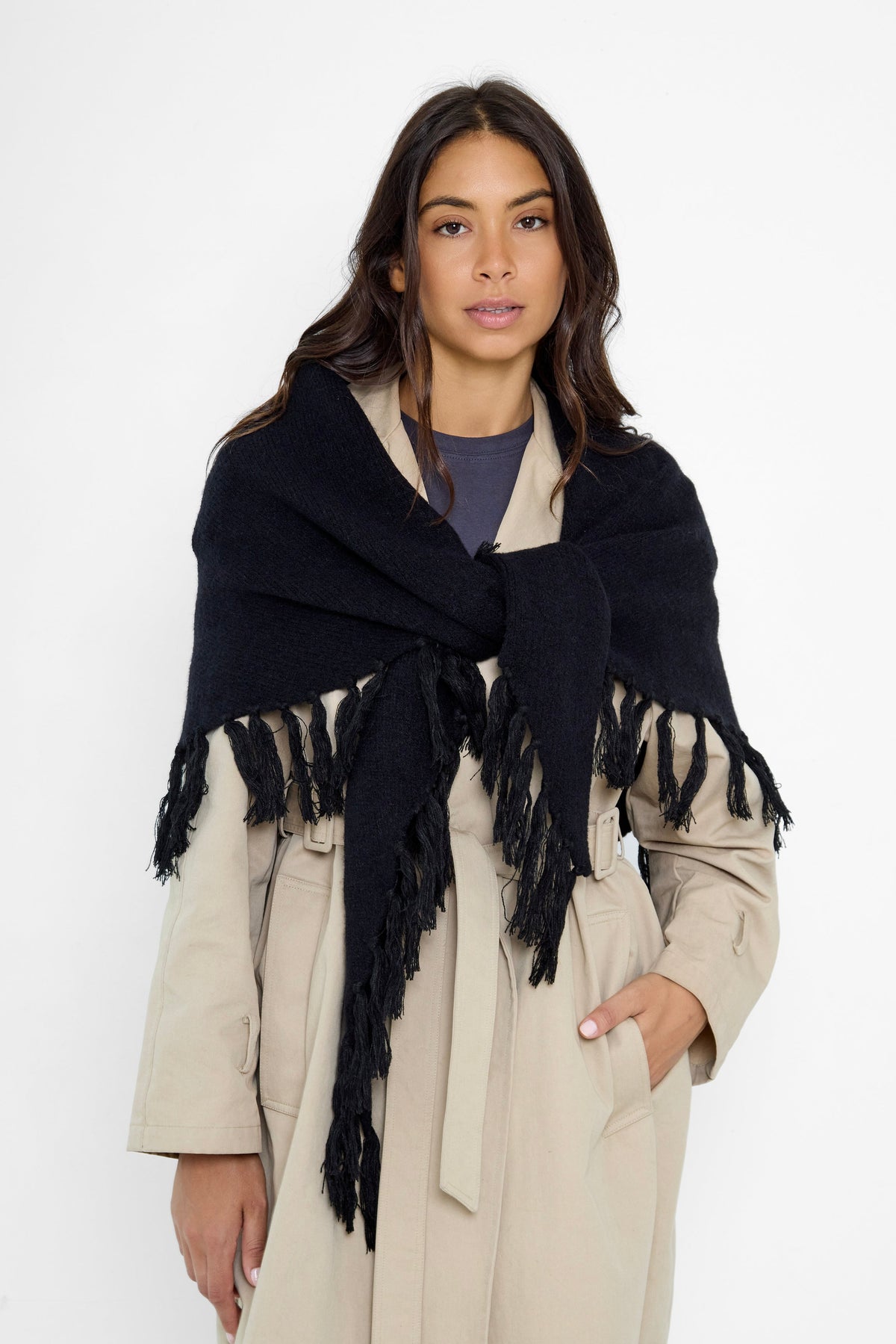 Oversized Fringed Knitted Triangle Scarf in Black - Triangle Scarf - My Accessories London