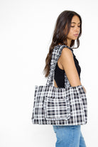 Ruffle Pocket Check tote Bag in Black and Cream - Tote Bag - My Accessories London