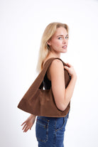 Slouchy Square Faux - Suede Shoulder Bag in Brown - Shoulder Bag - My Accessories London