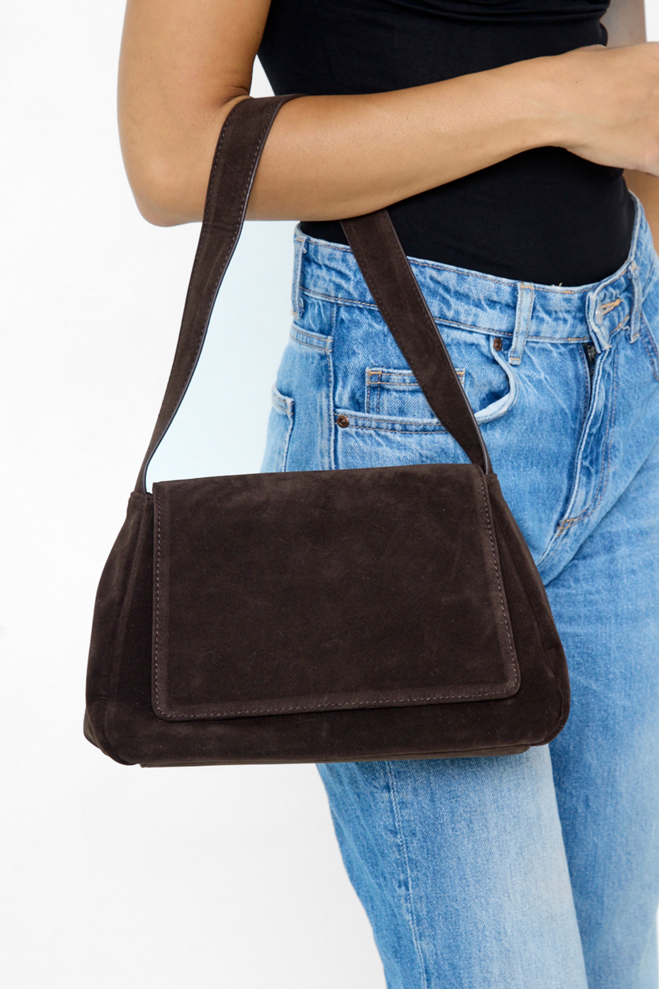 Soft Slouchy Shoulder Bag with Flap Dark Brown Suede - Shoulder Bag - My Accessories London