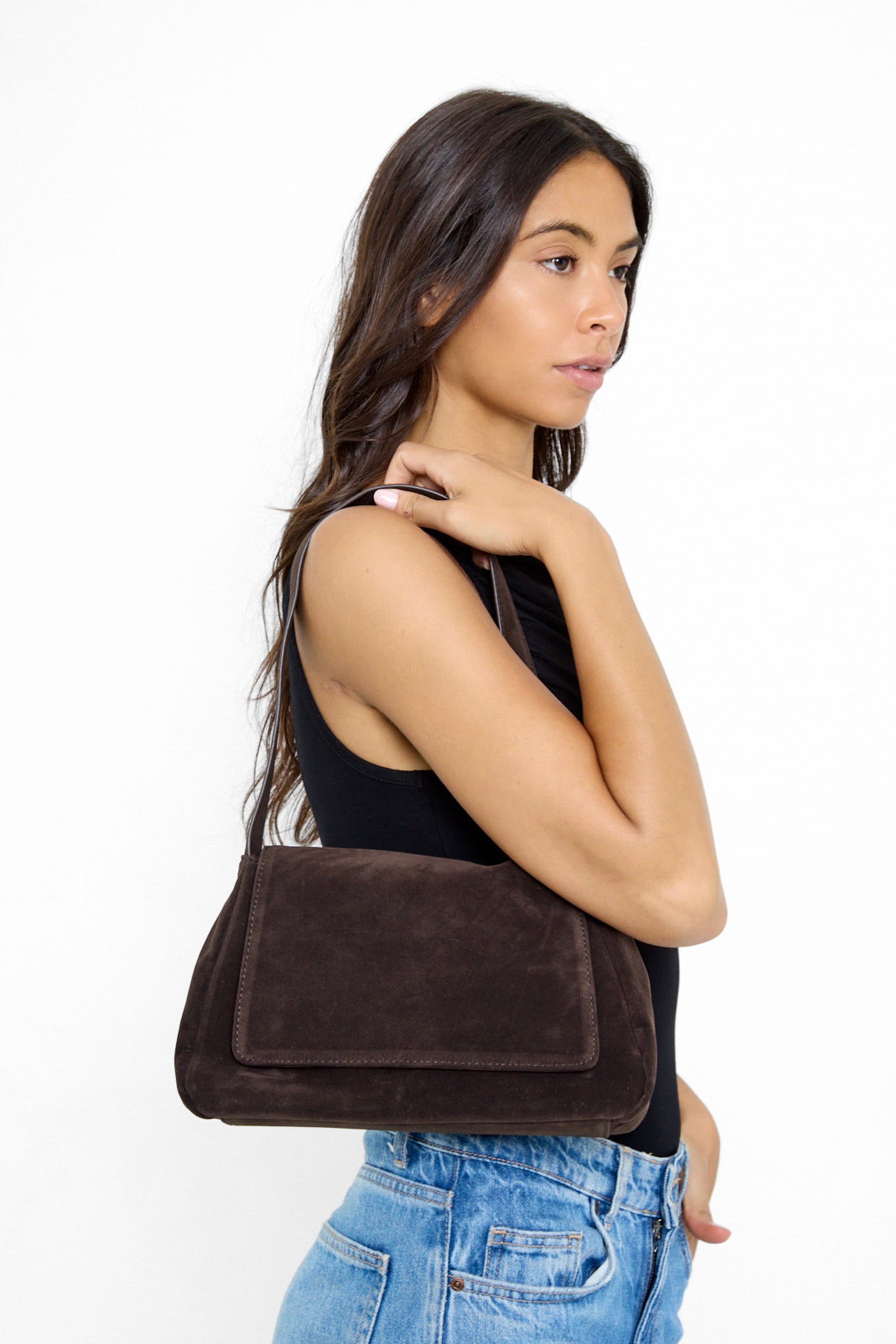 Soft Slouchy Shoulder Bag with Flap Dark Brown Suede - Shoulder Bag - My Accessories London