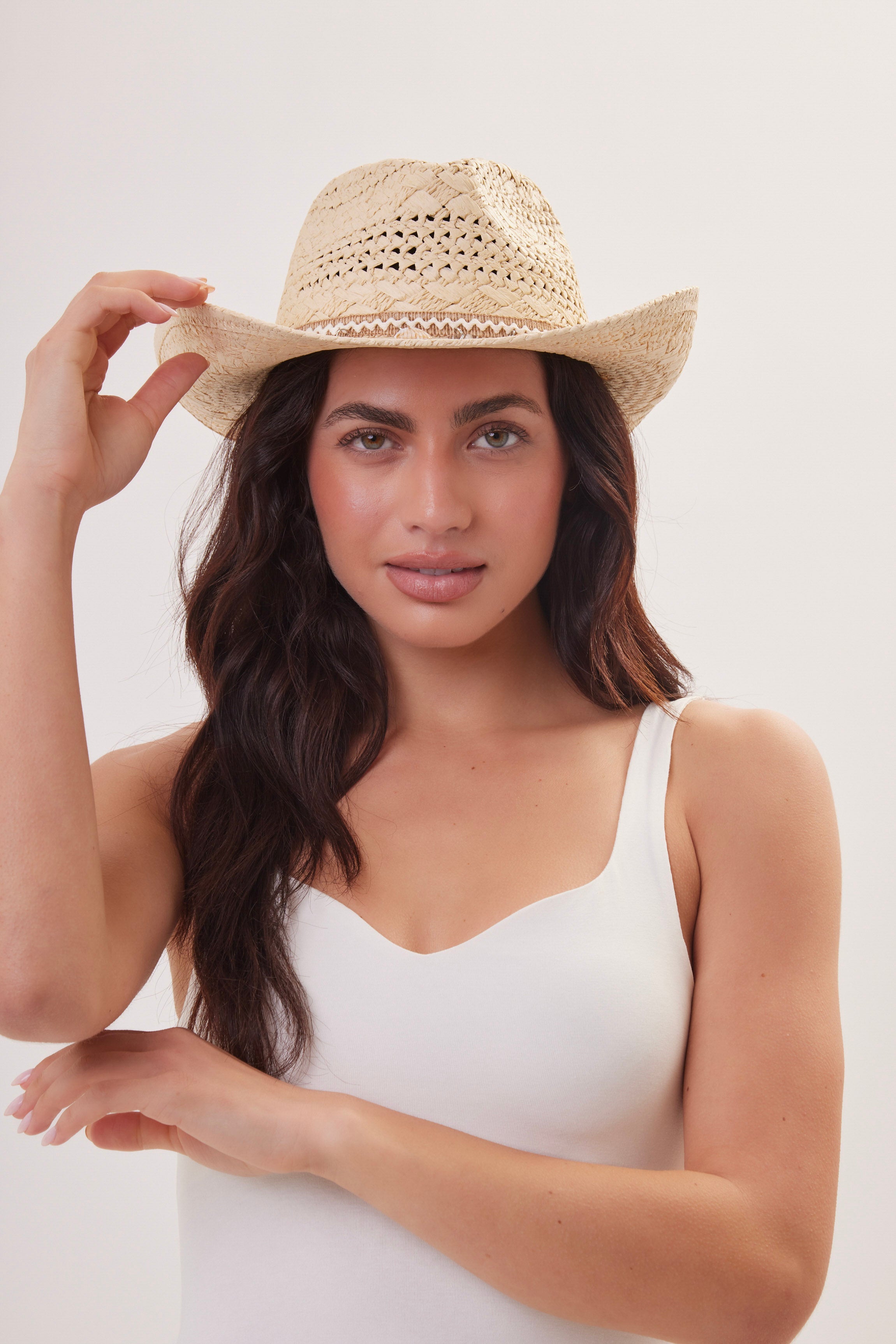 Straw Cowboy Hat in Beige with Shell Trim - Cowboy Hat - My Accessories London