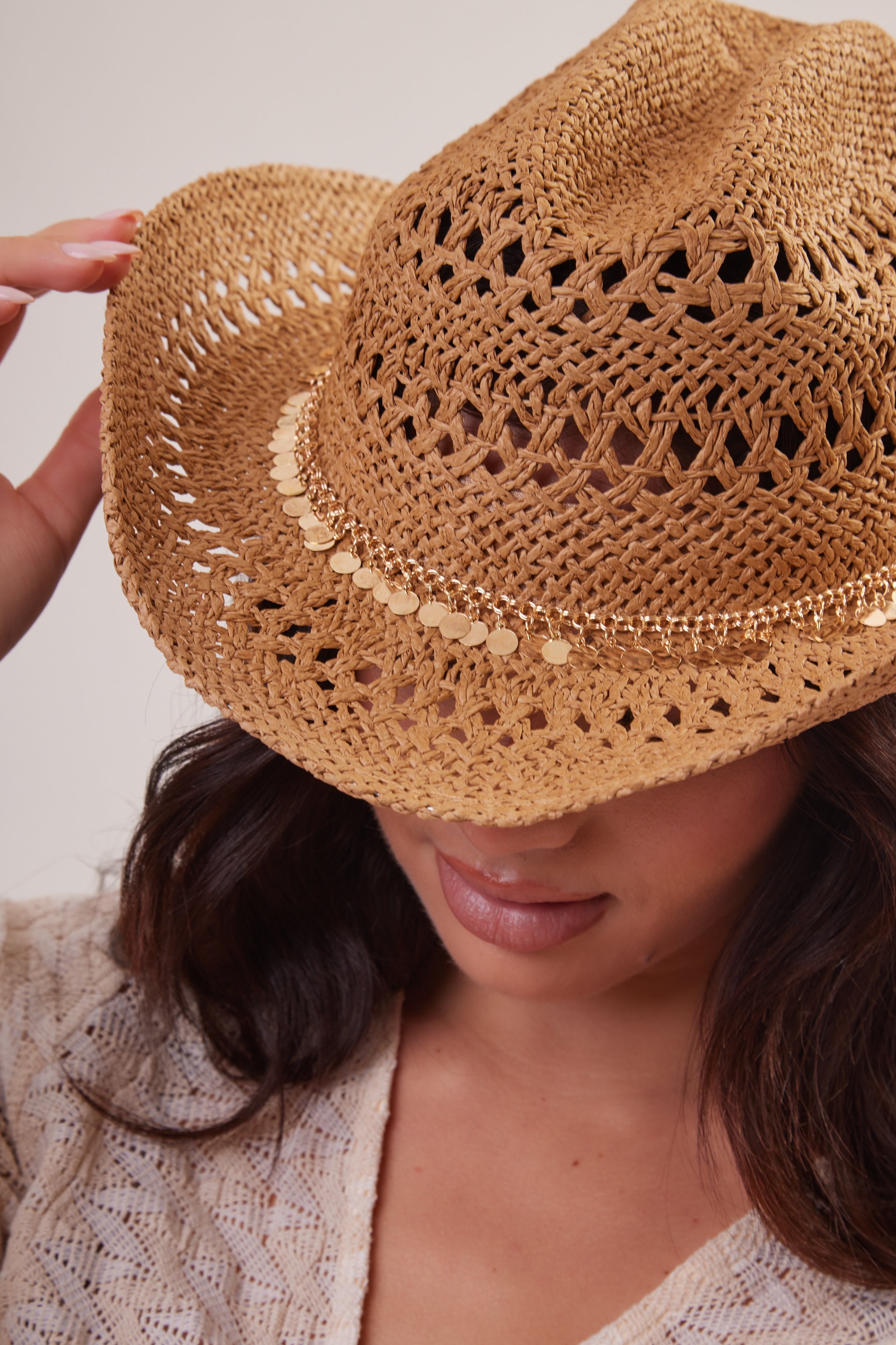 Straw Cowboy Hat in Brown with Gold Coin Trim - Cowboy Hat - My Accessories London