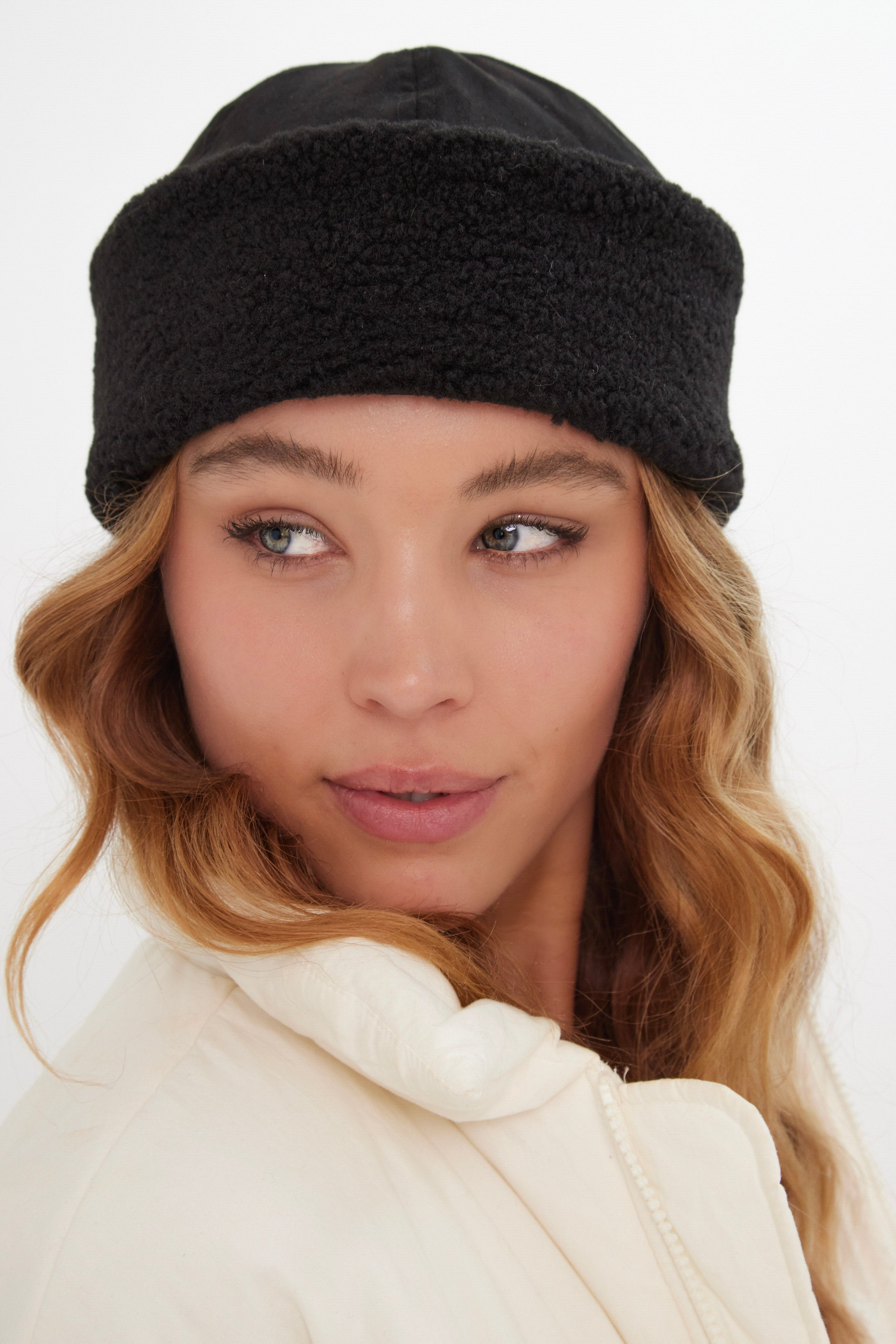 Suede and Borg Turn Up Beanie in Black - Beanie - My Accessories London