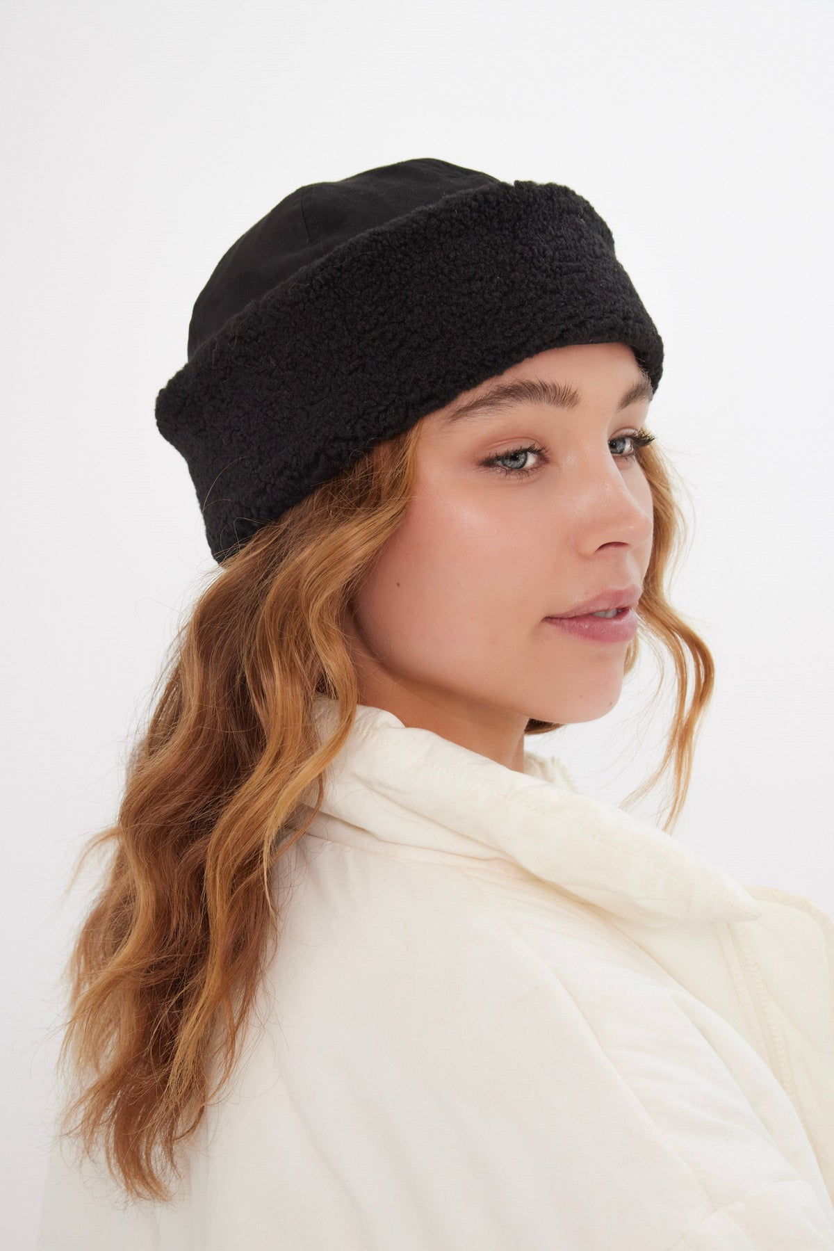 Suede and Borg Turn Up Beanie in Black - Beanie - My Accessories London