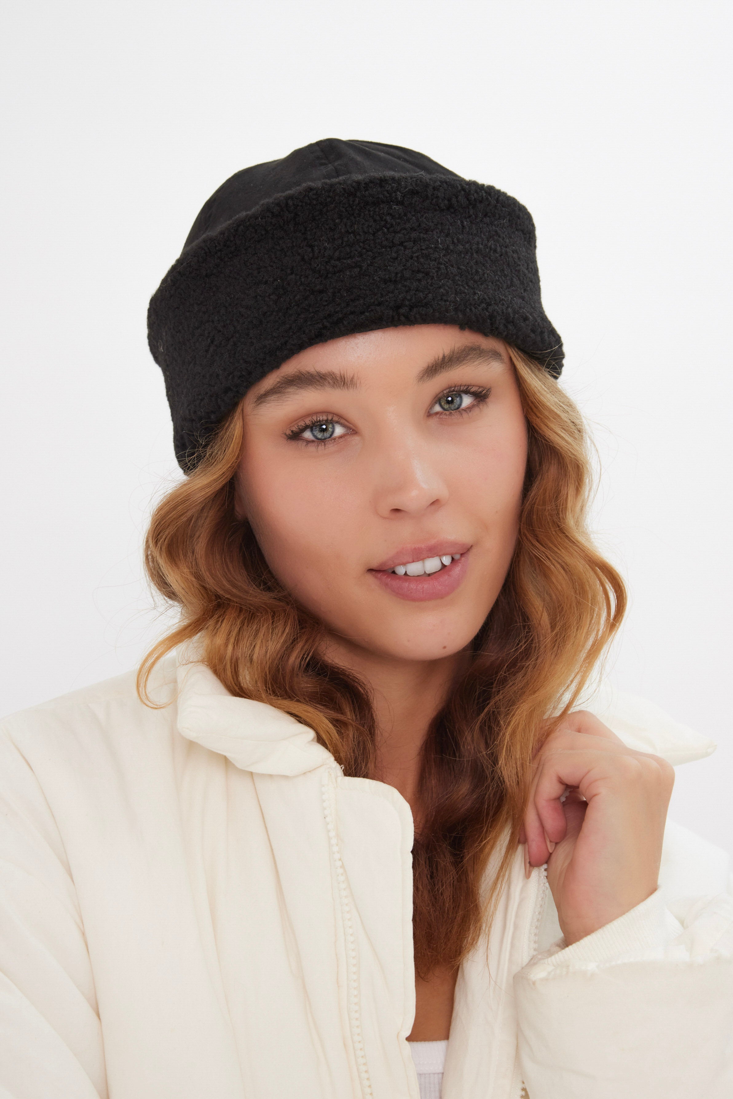 Suede and Borg Turn Up Beanie in Black - Beanie - My Accessories London