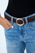 Suede Chunky Round Buckle belt in Dark Brown and Gold - Belt - My Accessories London