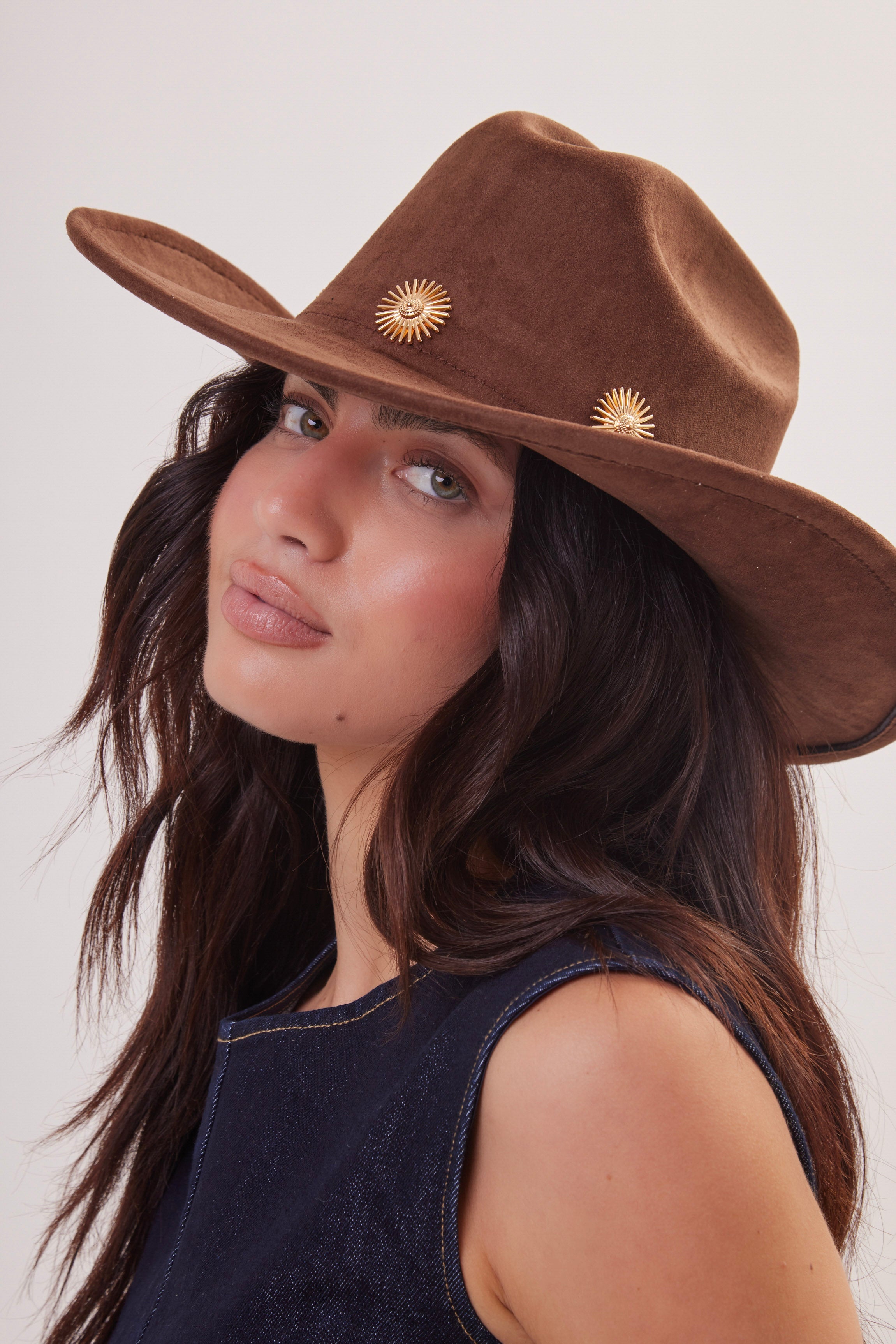 Western Cowboy Hat in Brown with Daisy Gold Studs - Cowboy Hat - My Accessories London