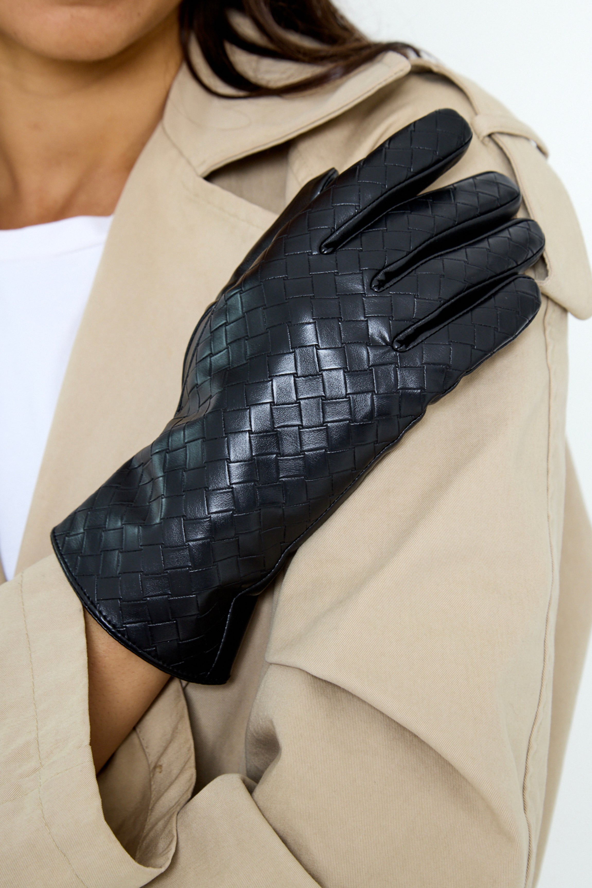 Woven Leather Look Gloves in Black - Gloves - My Accessories London