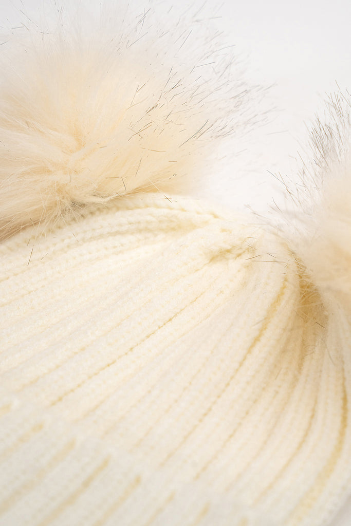My Accessories London Knitted Double Fur Pom Beanie in White | Hat | Pom Pom | Women's Accessories | Autumn | Winter | Basics