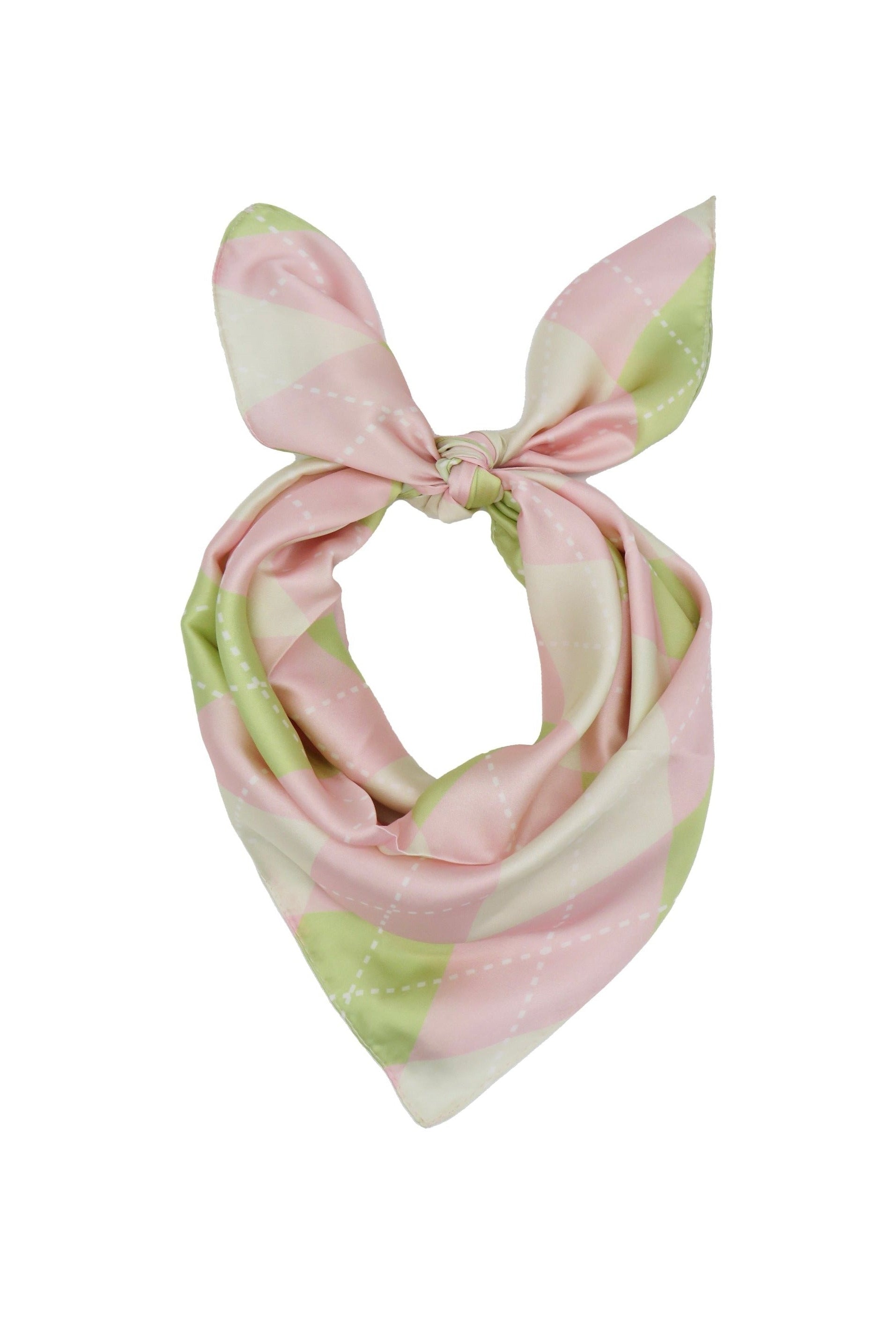 Multiway Headscarf in Pink and Green Argyle Print | Bandana | Satin | Top | Neck Tie | Festival | Summer | Beach | Holiday | Glam | Party | Brunch | Women's Accessories | Accessory 