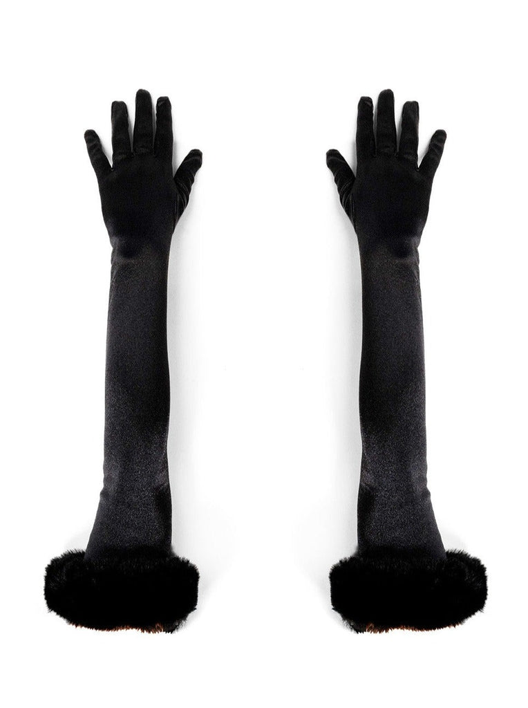 Long satin gloves | long gloves with fur | party gloves | over the elbow gloves | black gloves | dress up gloves | satin gloves | women\s gloves | ladies gloves | my accessories london gloves