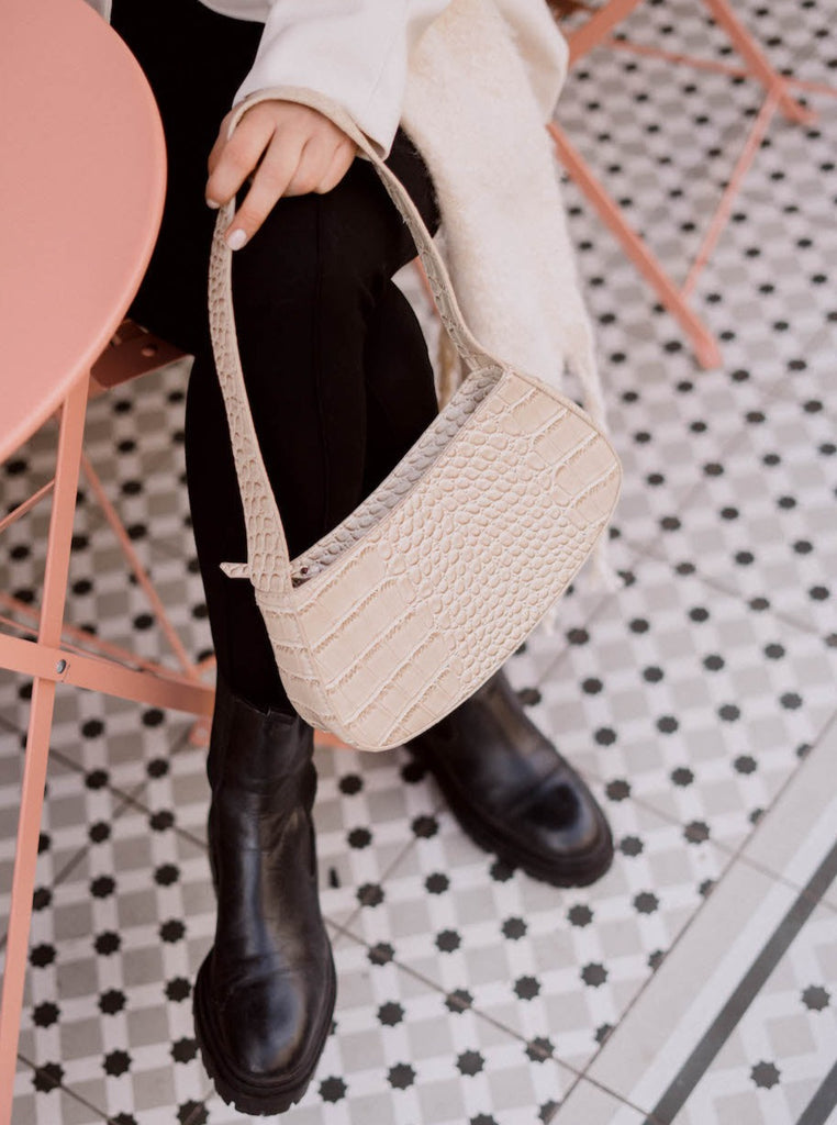 Curved Croc Shoulder Bag | My Accessories London Bag | Beige off white bag | Clean girl bag | Women's beige bag | Minimal | Minimalist | Plaza Core | Twee | Preppy | Sofia Richie | Old Money | Streetwear | Streetstyle Accessories | Date Night Accessories | Night Out Accessories | Drinks Accessories | Fall Accessories | Handbag | Shoulder Bag | Curved Bag 