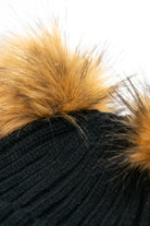 Woman's Knitted Double Fur Pom Beanie in Black