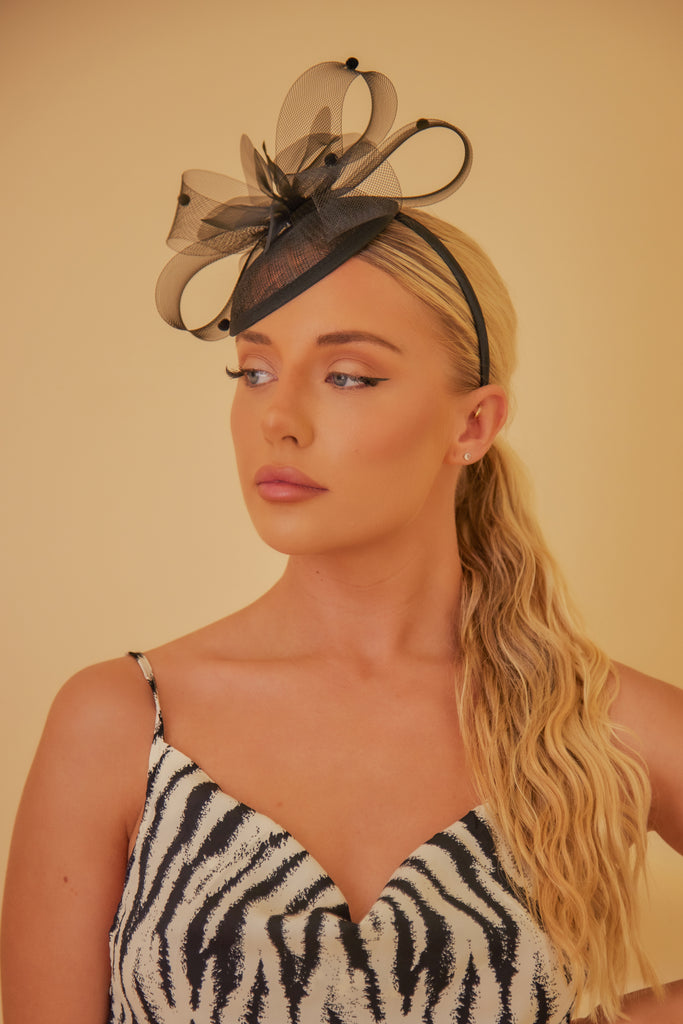 My Accessories London Disc Fascinator with Swirls and Pom Poms in Black | Wedding | Occasion | Races Hair | Wedding Guest | Glam | Headband | Hair Accessories | Ladies fascinator | Women's Accessories
