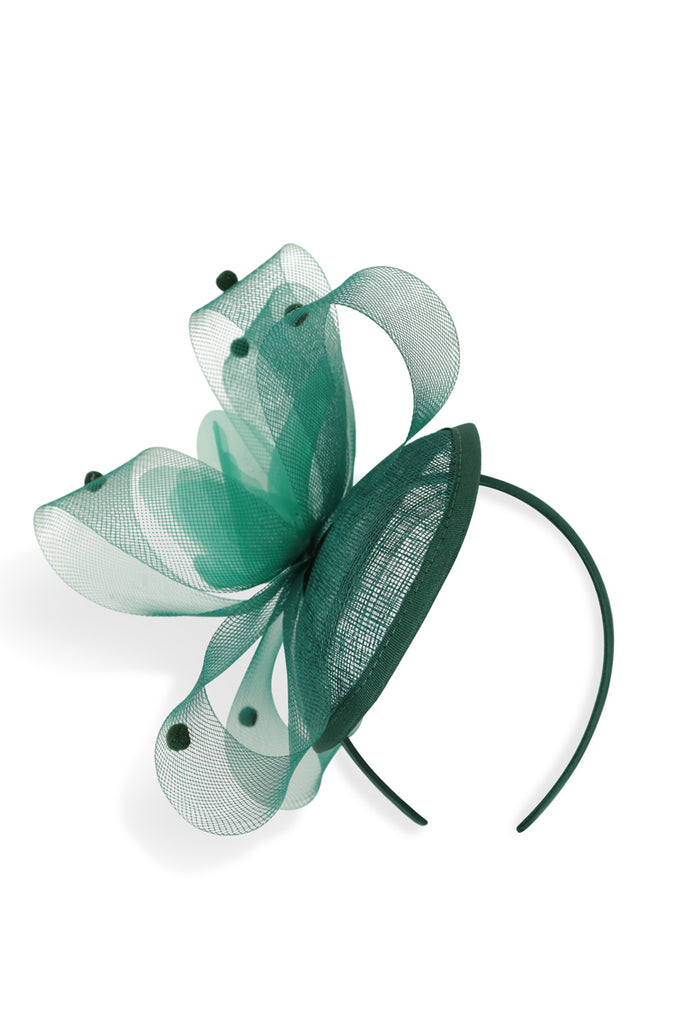 My Accessories London Disc Fascinator with Swirls and Pom Poms in Green | Wedding | Occasion | Races | Wedding Guest | Glam | Headband | Hair Accessories | Women's Accessories | Ladies fascinator